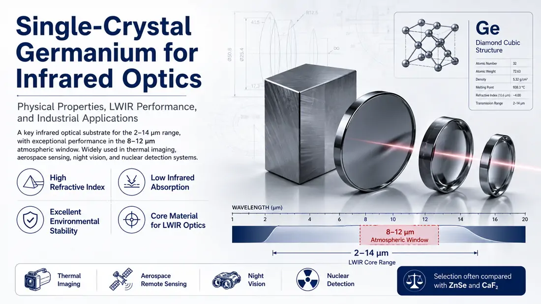Single-crystal germanium infrared optical material for LWIR windows lenses and thermal imaging systems